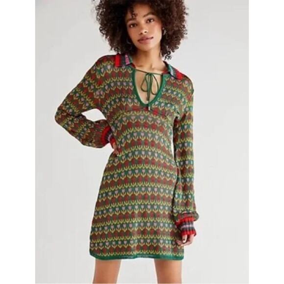 Free People Women's Milano Sweater Mini Dress Green Multi Tulip Sz Small - Picture 7 of 8